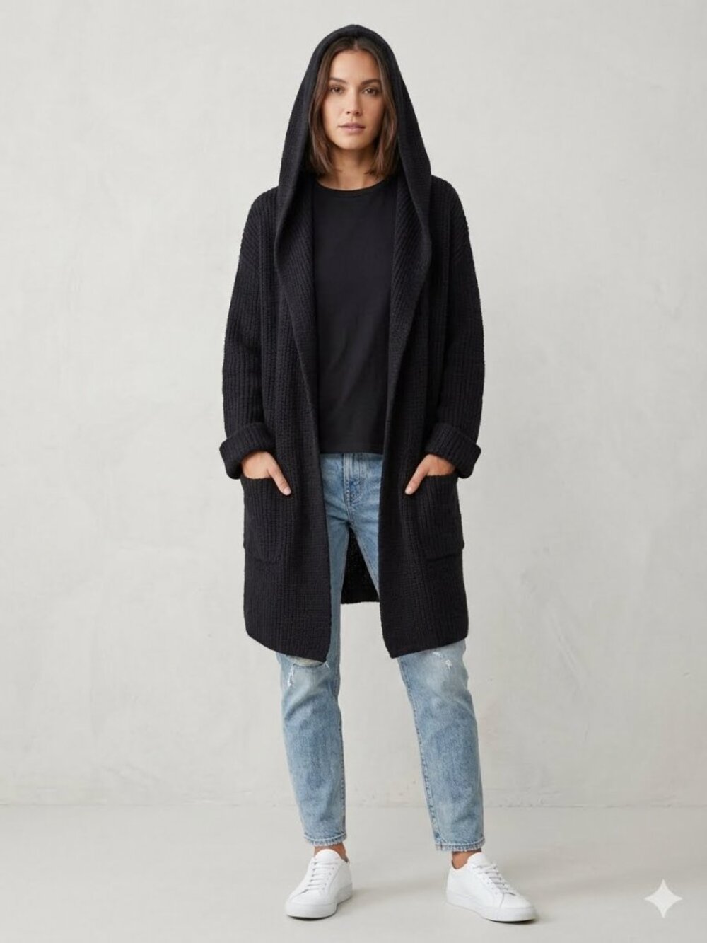Just Madison Black Oversized Hooded Open Front Cardigan Cozy Knit Sweater L